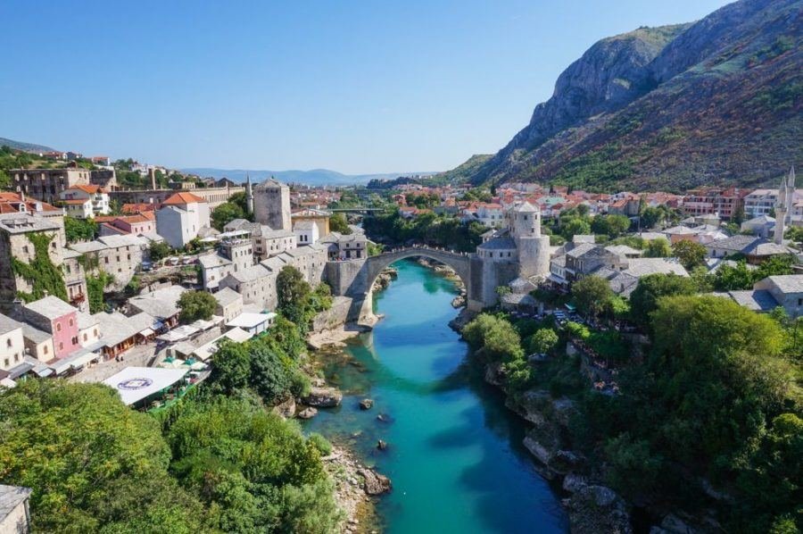 Aerial view of the old bridge in Mostar, Bosnia and Herzegovina.