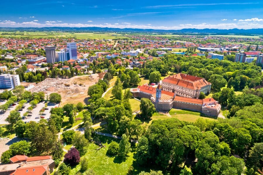Cakovec old town Zrinski in green park aerial view, Medjimurje County