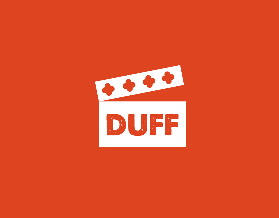 The logo for duff on an orange background at a festival in Croatia.
