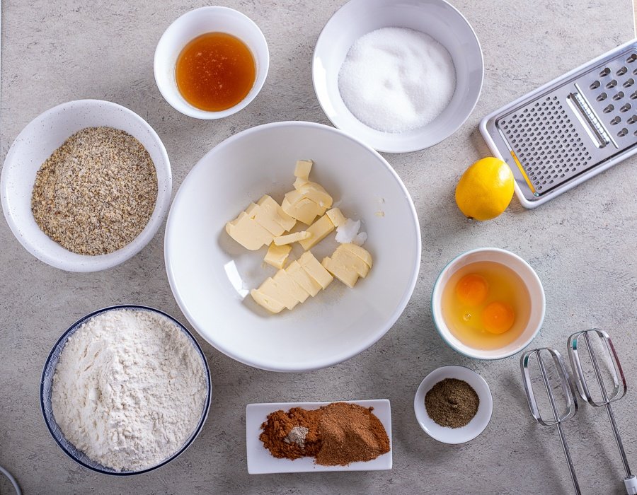 The ingredients for Croatian Paprenjaci recipe are laid out on a table.