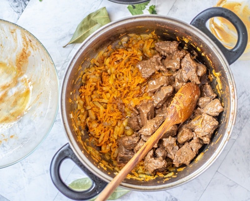 A traditional Croatian goulash with meat and rice.