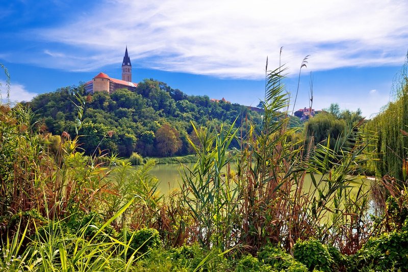 Town of Ilok church on the hill above lake