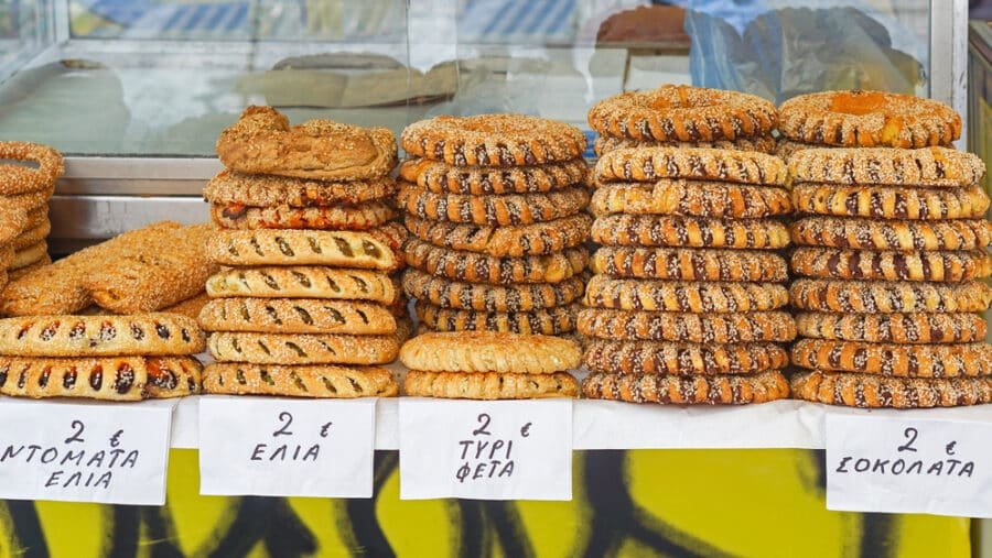 Greek Food - Greek koulouri bagels at street vendor in athens