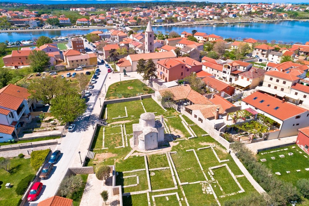 Historic town of Nin landmarks aerial view, Dalmatia region of Croatia