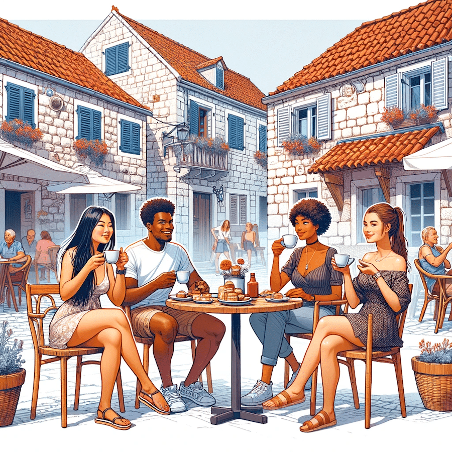Coffee In Croatia - Illustration of diverse tourists enjoying a coffee break at a quaint outdoor cafe in a Croatian village. 