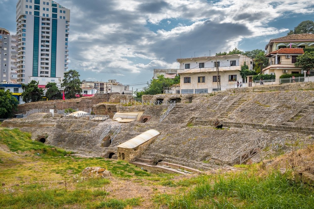 Ruins of the Roman amphitheatre in the centre of Durres, Albania - Tentative UNESCO World Heritage site 