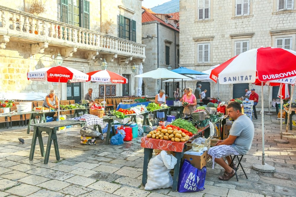 People on the food market in Dubrovnik, Croatia.