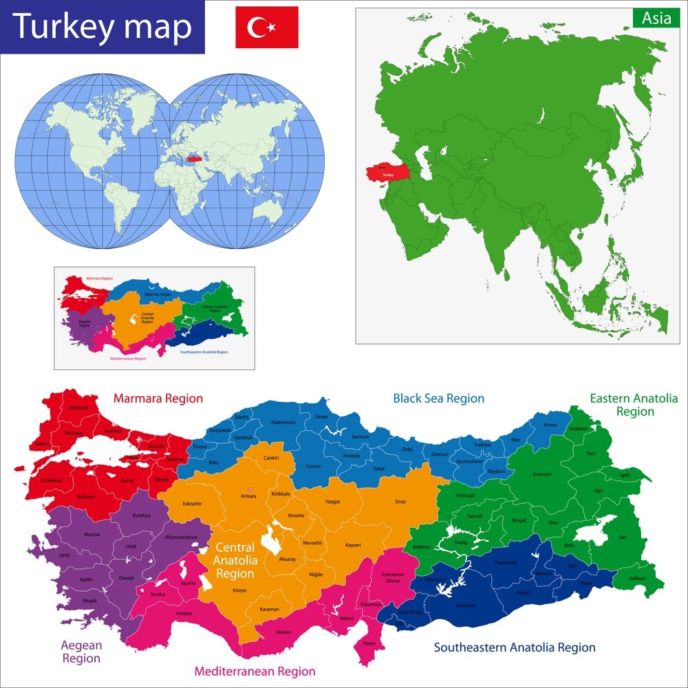 A colorful map of Turkey showcasing its diverse geographical regions of Turkey