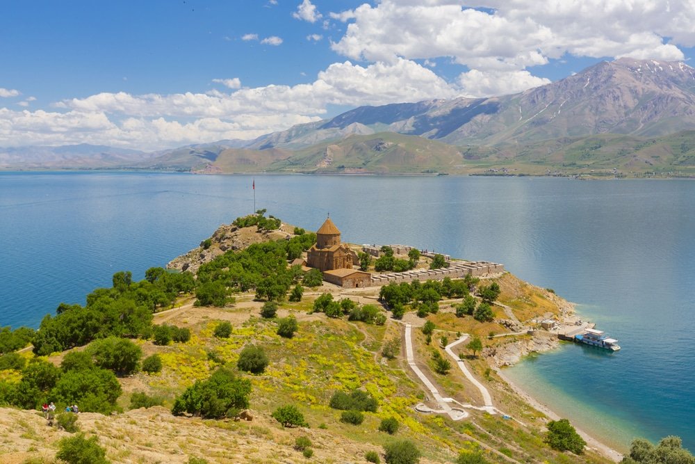 Exploring geographical regions The Cathedral of the Holy Cross on Akdamar Island, in Lake Van