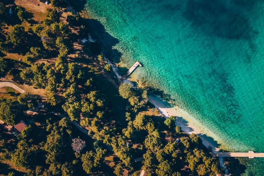 An aerial view of a beach in Umag, Croatia.