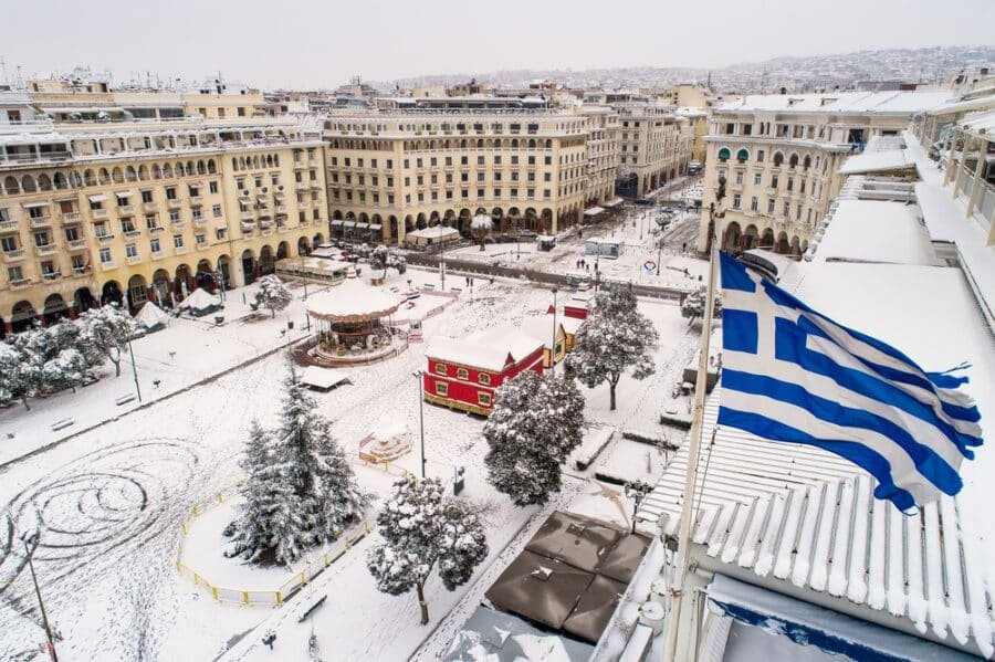 Best Time To Visit Greece - Aerial view of famous snowy Aristotelous Square in Thessaloniki