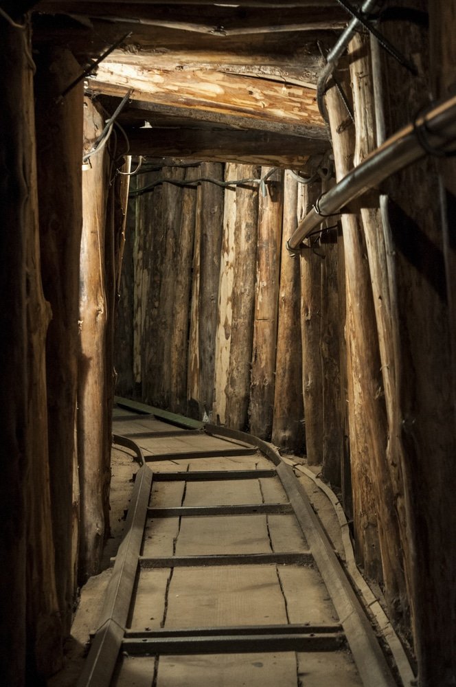 Tunnel of Hope in wooded area with wooden logs, nestled in Bosnia and Herzegovina.