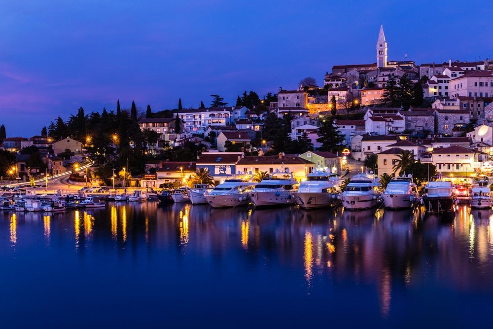 Beautiful View Of Vrsar Port And Vrsar Village With Landmark Of Church Tower After Sunset-Istria,Croatia,Europe