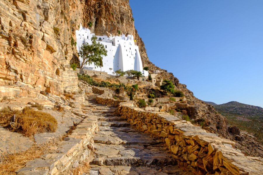 Greece Hiking - Scenic view of Panagia Hozovitissa monastery on Amorgos Island