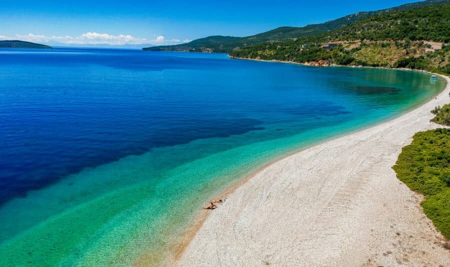 Aerial view of the famous Agios Dimitrios (Saint Demetrios) Beach in Alonnisos island, Sporades, Greece 