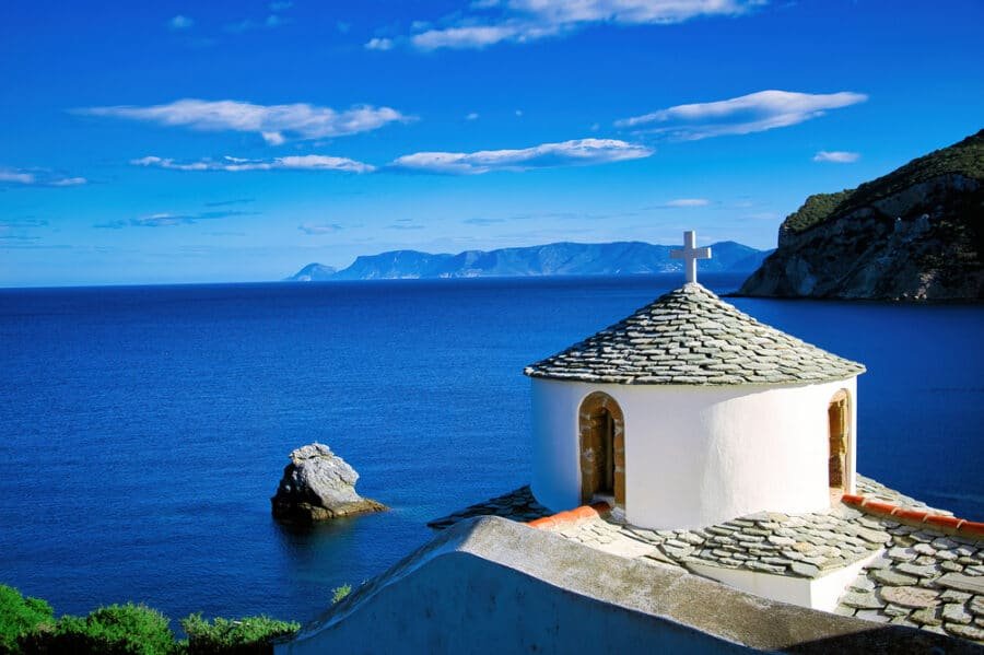 Beautiful white church on the Aegean Sea. Greece, Skopelos Island