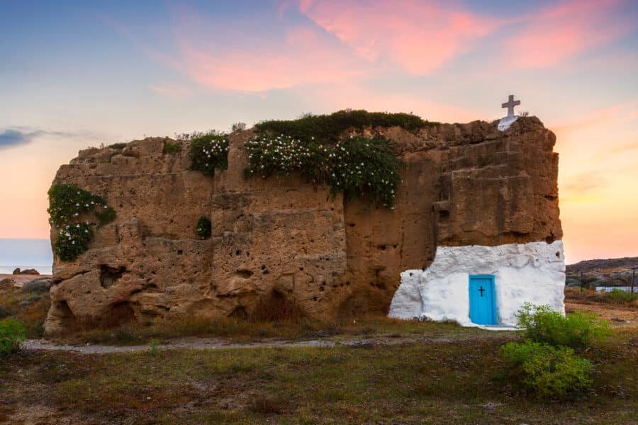 Skyros Island, Greece - Small church carved into a rock in historical limestone quarry near Molos village