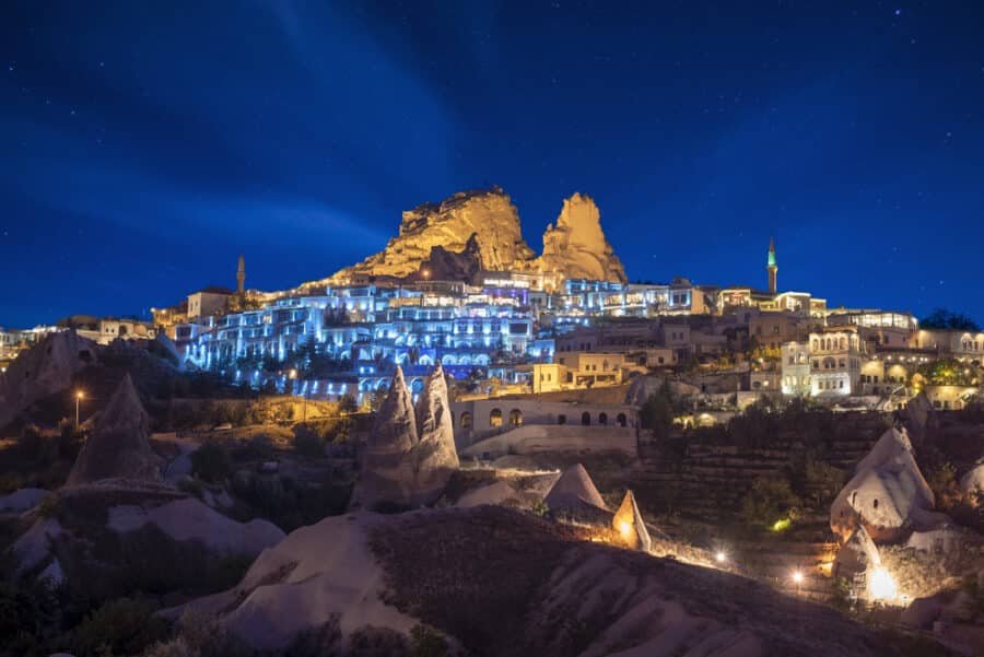 Night view of The Uchisar Castle Cappadocia Turkey