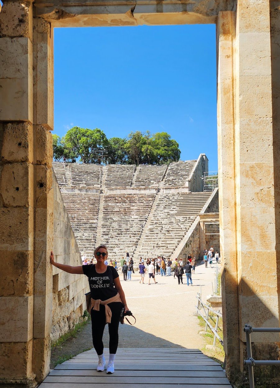 SJ posing Ancient Stadium in Epidaurus - Greek Archaeological Sites In Greece