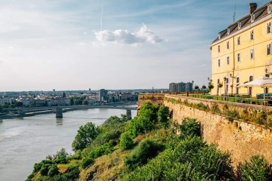 Petrovaradin Fortress and cityscape with Danube river in Novi Sad, Serbia