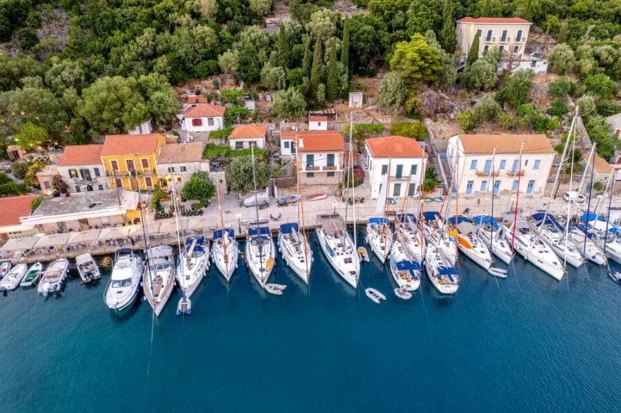 View of the picturesque port of Kioni village in Ithaca island Greece
