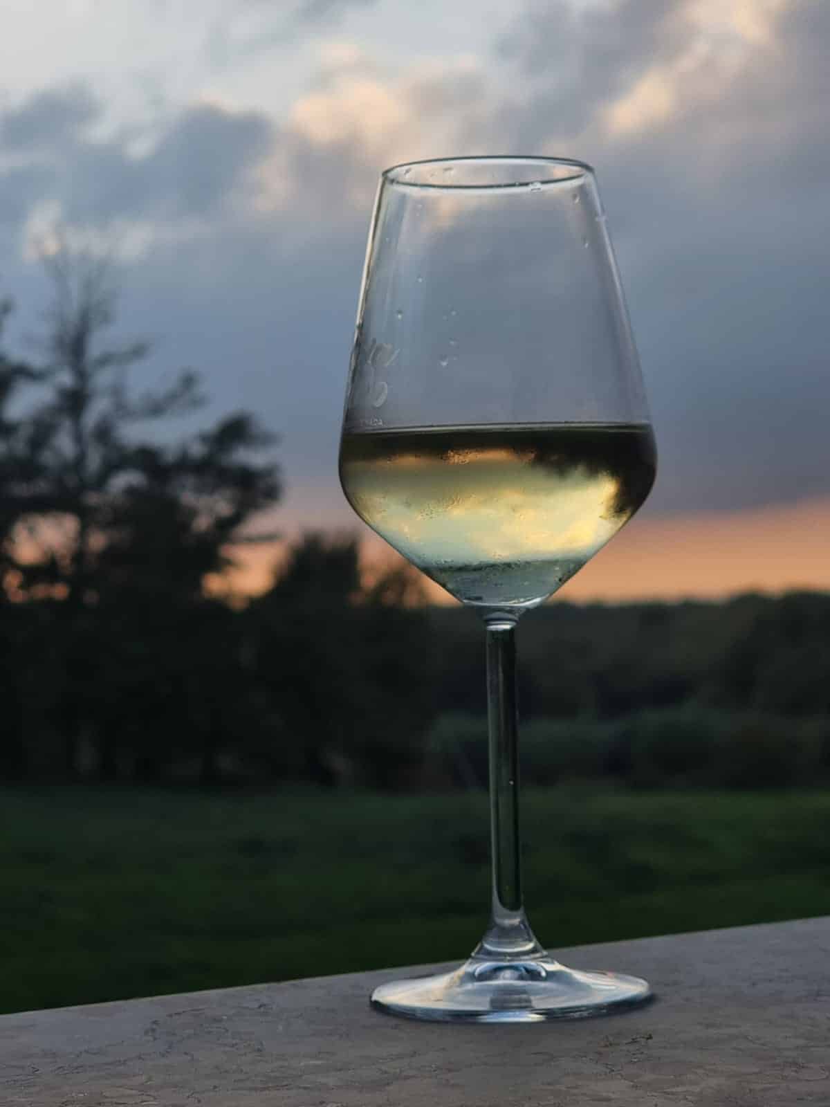 A glass of white wine sitting on a table in front of a sunset in Istria.