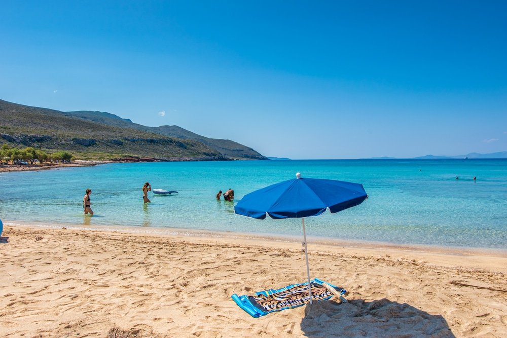 Beautiful view of Diakofti beach in Kythira island, Greece during high tourist season