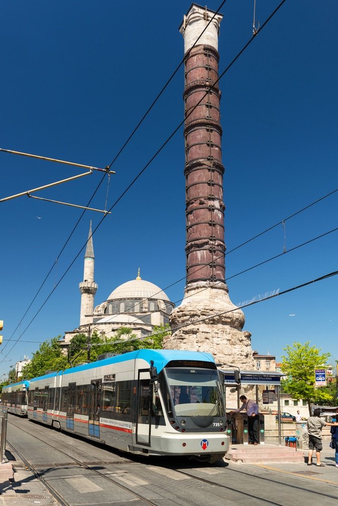 The tram stopped at the column of Constantine in Istanbul