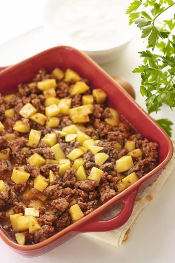 A quick and easy casserole dish with meat, potatoes, and pineapple.