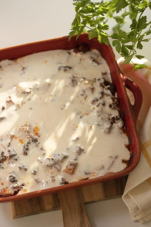 An easy casserole dish with cheese and meat in it.