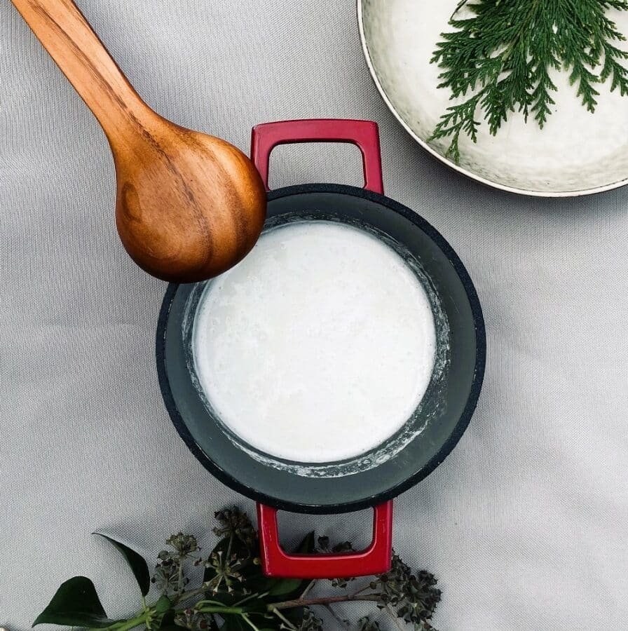 A bowl of milk with a wooden spoon next to it, perfect for a delicious recipe.