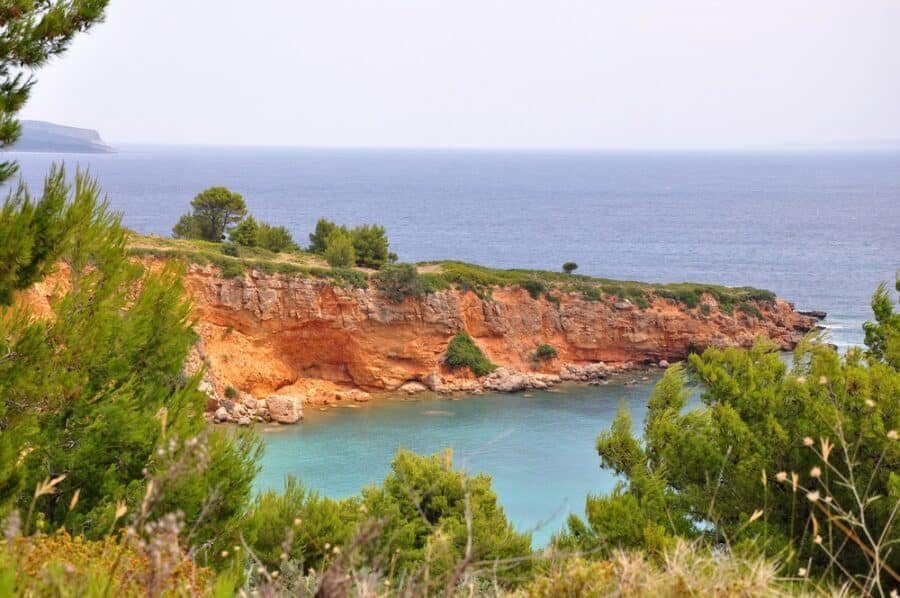 Kokinokastro red cliffs beach landscape in Alonissos island