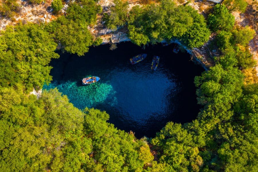 Kefalonia Island Guide - Famous Melissani lake on Kefalonia island, Karavomylos, Greece. On top of Melissani Cave (Melissani Lake) in Karavomylos village in Kefalonia island , Greece. Melissani Cave