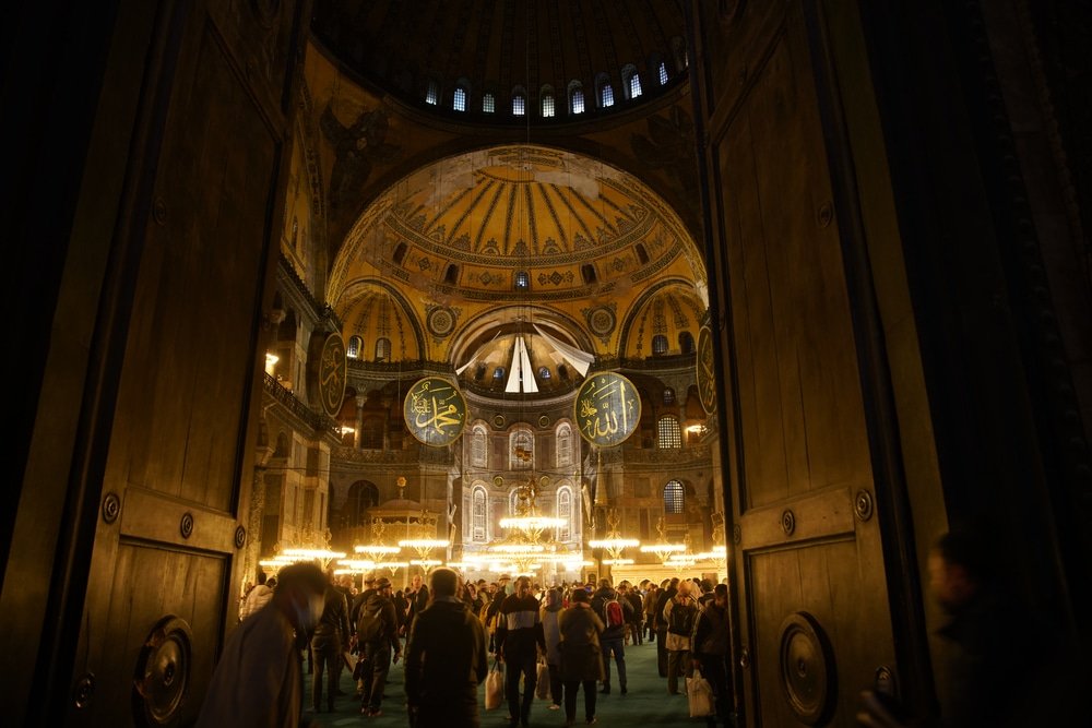 Ramadan In Turkey - People visit Hagia Sophia mosque to pray after breaking the fast in ramadan