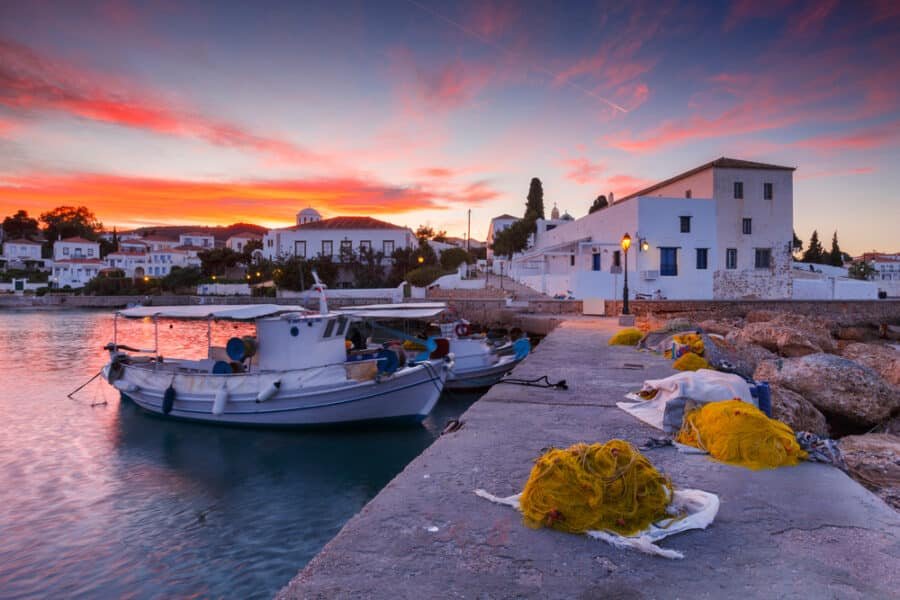 Spetses, Greece - January 19, 2018: Traditional fishing boats in the harbor of Spetses, Greece.