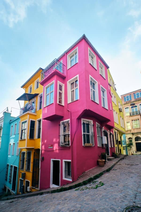 bright pink colorful house in Balat, Istanbul