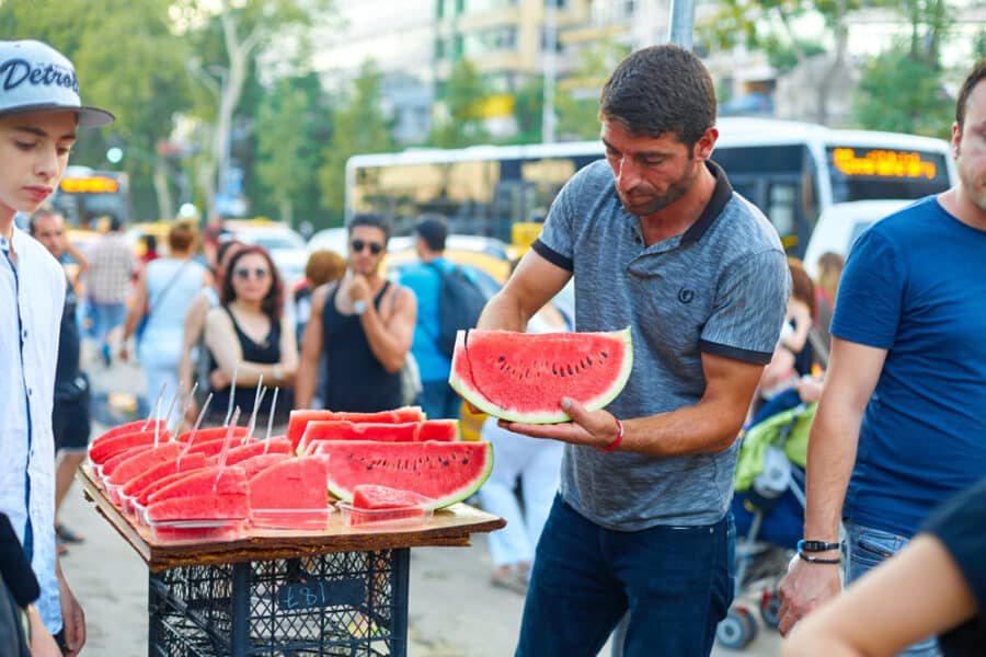A street stand in Turkey selling sliced watermelon. Istanbul, Turkey 