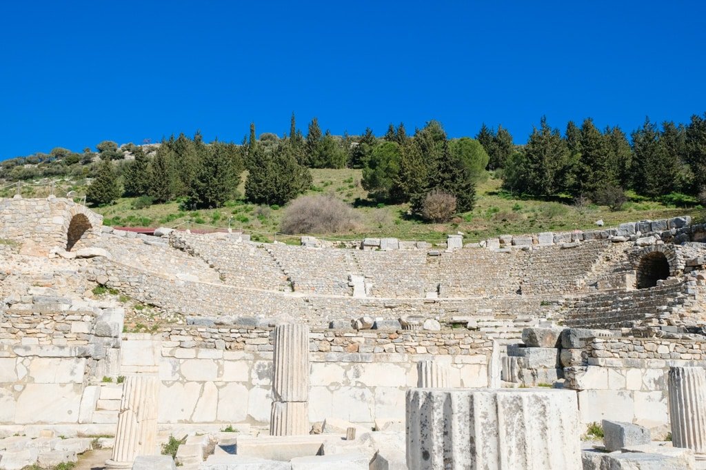 The ancient theatre in Ephesus, Turkey is a remarkable historical site.