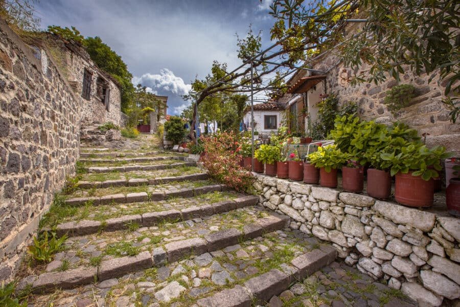 Things to do in Lesbos - Rocky alleyway with green plants in the historic village of Molyvos