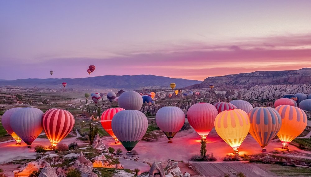 Colorful hot air balloons before launch in Goreme national park