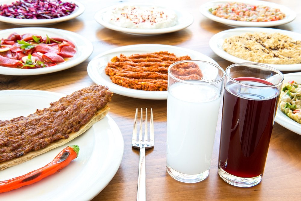 Traditional Turkish Drink Raki, Salgam (Turnip Juice) with Adana Kebab