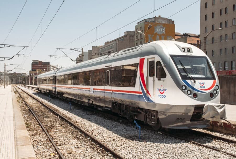 Turkish State Railways (Türkiye Cumhuriyeti Devlet Demiryolları) fast train as seen on platform in Izmir train station. As of 2008, TCDD controls 10,991 km (6,829 mi) of railways making it the 22nd largest railway system in the world.