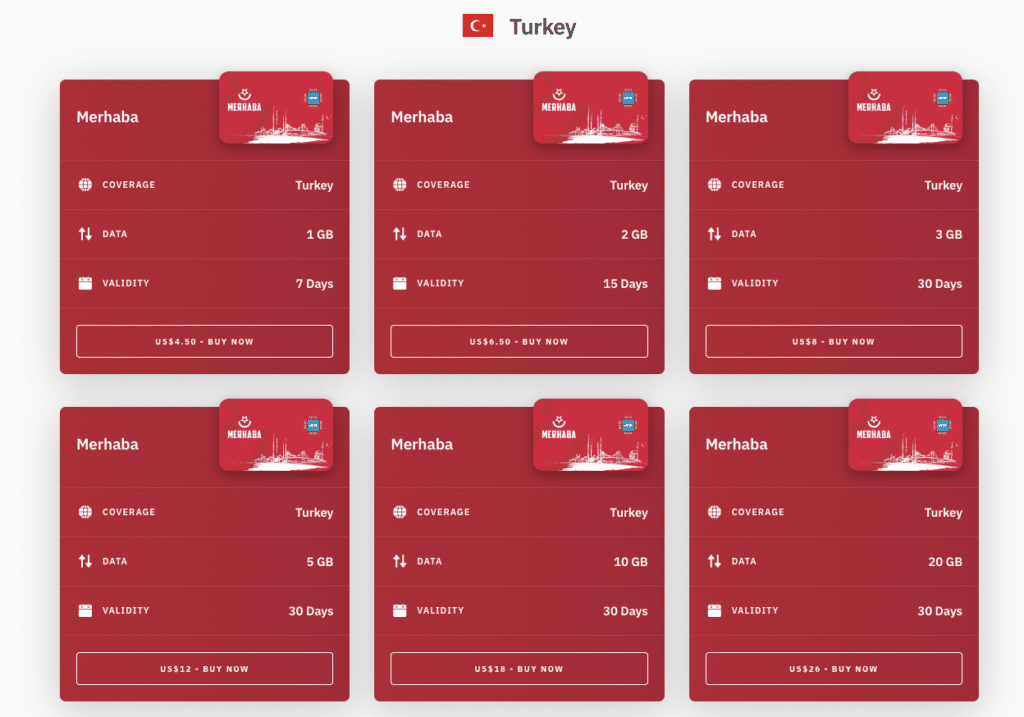 Prices for a eSIM in Turkey 2023