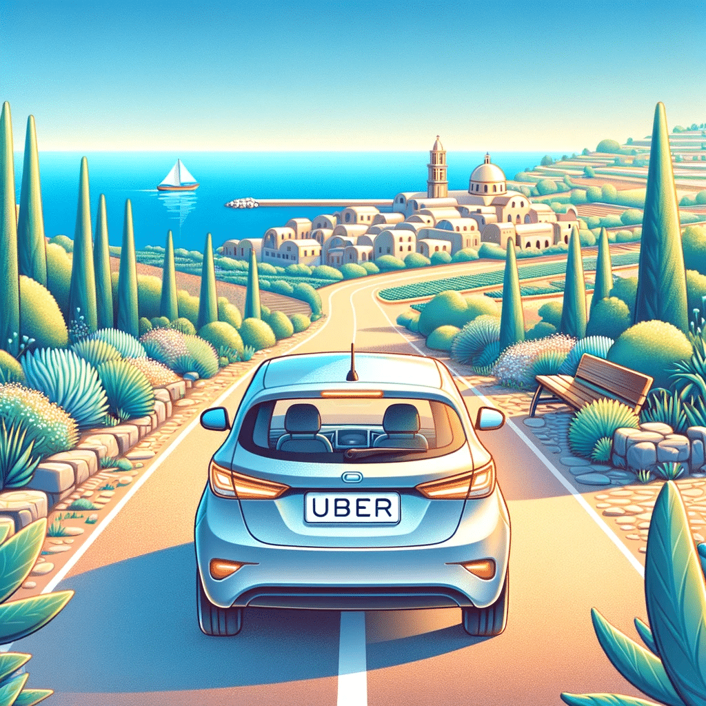 An illustration of an Uber car driving down a road with a view of the sea in Rhodes while wondering, "Is There Uber In Rhodes?