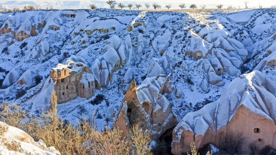winter in Cappadocia - Pigeon valley with snowy landscape in winter in Cappadocia