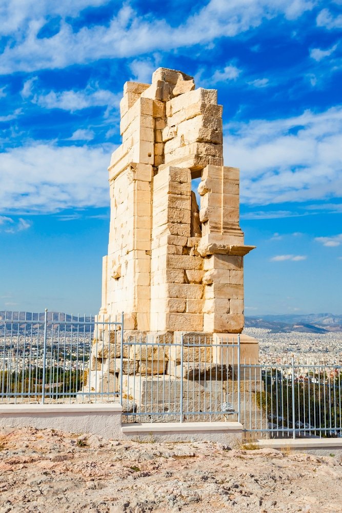One of the must-see historical sites in Athens, a the Philopappos Monument atop a hill.