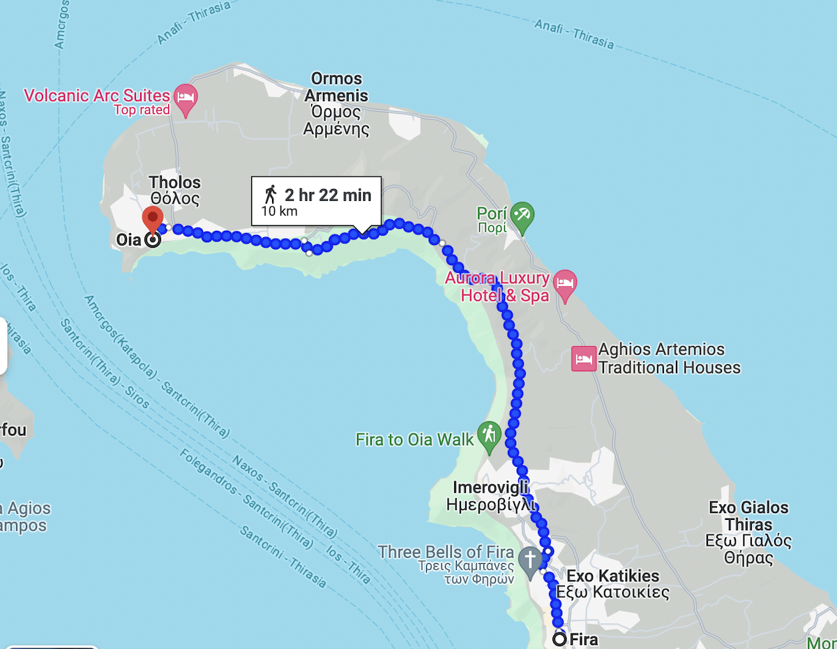 A map showing the hiking route to the island from Oia to Fira.