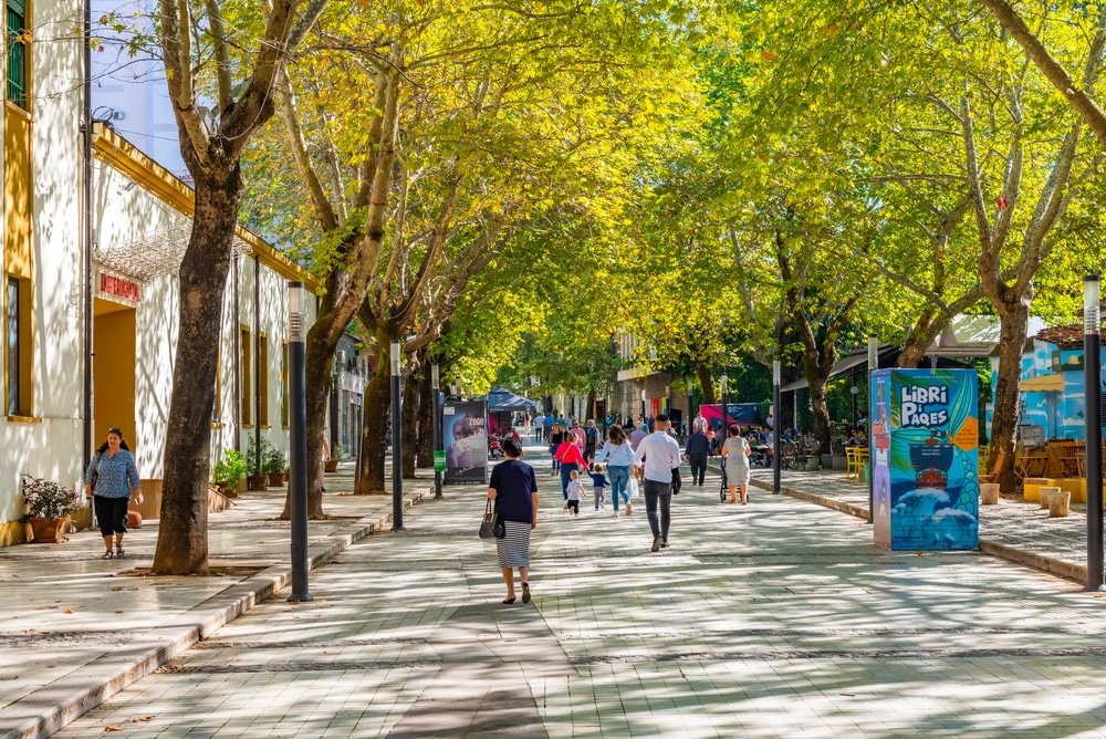 Things to do in Tirana: People walking down a street with trees in the background.