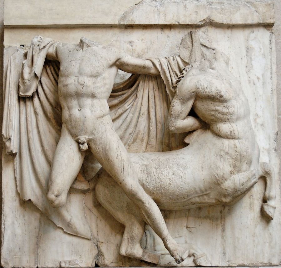 Find a famous Greek relief of a man and a bull.