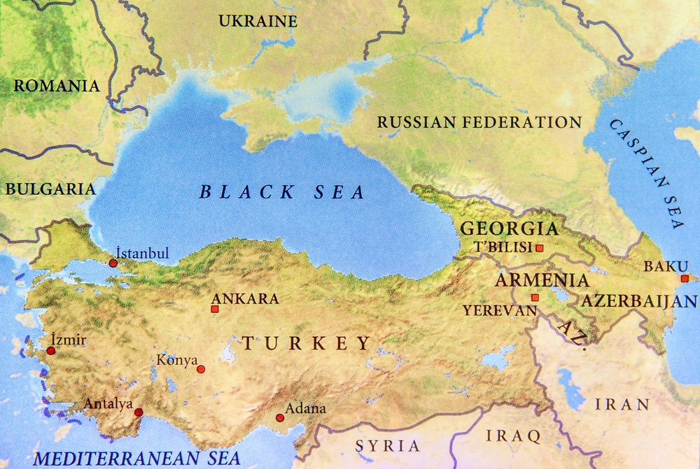 Geographic map of Turkey with important cities and Black sea close